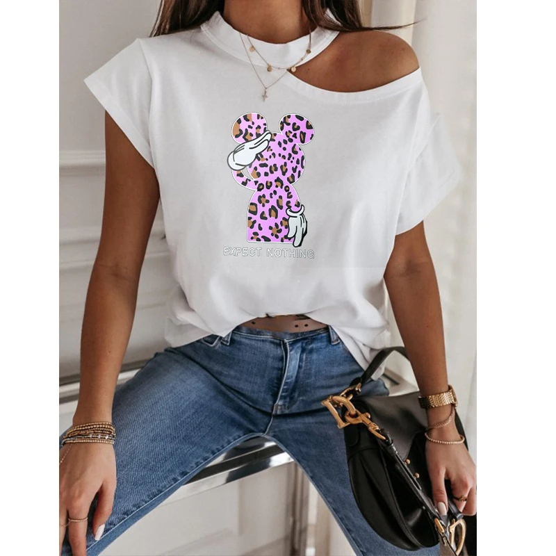

Tshirts Disney Mickey Mouse Summer Print T Shirt Sexy Off Shoulder Short Sleeve Halter Tops Casual Slim Tee Shirts for Women