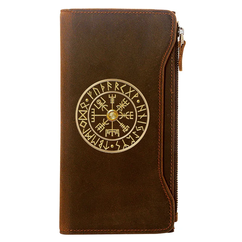 

Retro Viking Symbol Design Credit Card Holder Package Genuine Leather Zipper Wallet Men Long Clutch Purse Gift