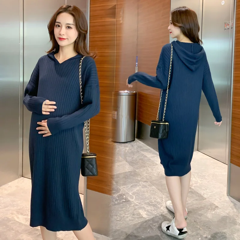 

Maternity clothes Thicken Warm Knitted Maternity Long Sweaters V Neck Hoodies Loose Dress Clothes for Pregnant Women Pregnancy