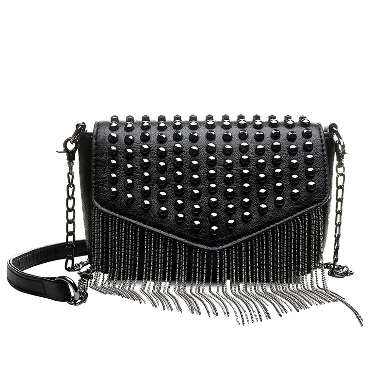 

Fashion Luxury Designer Black Pu Leather Chain Tassel Crystal Rivet Bags for Women Ladies Cross Body Shoulder Bags Clutch NB034
