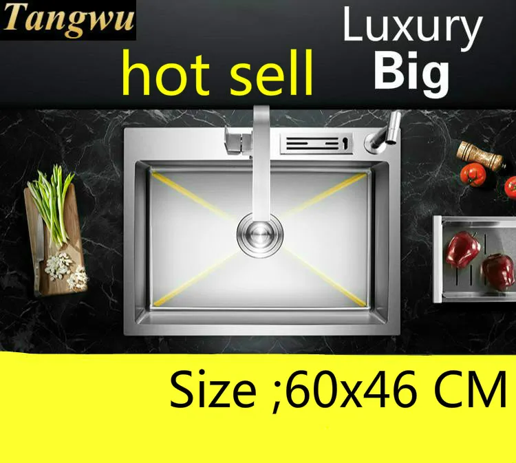 

Free shipping Apartment luxurious vogue big kitchen manual sink single trough 304 stainless steel hot sell 600x460 MM