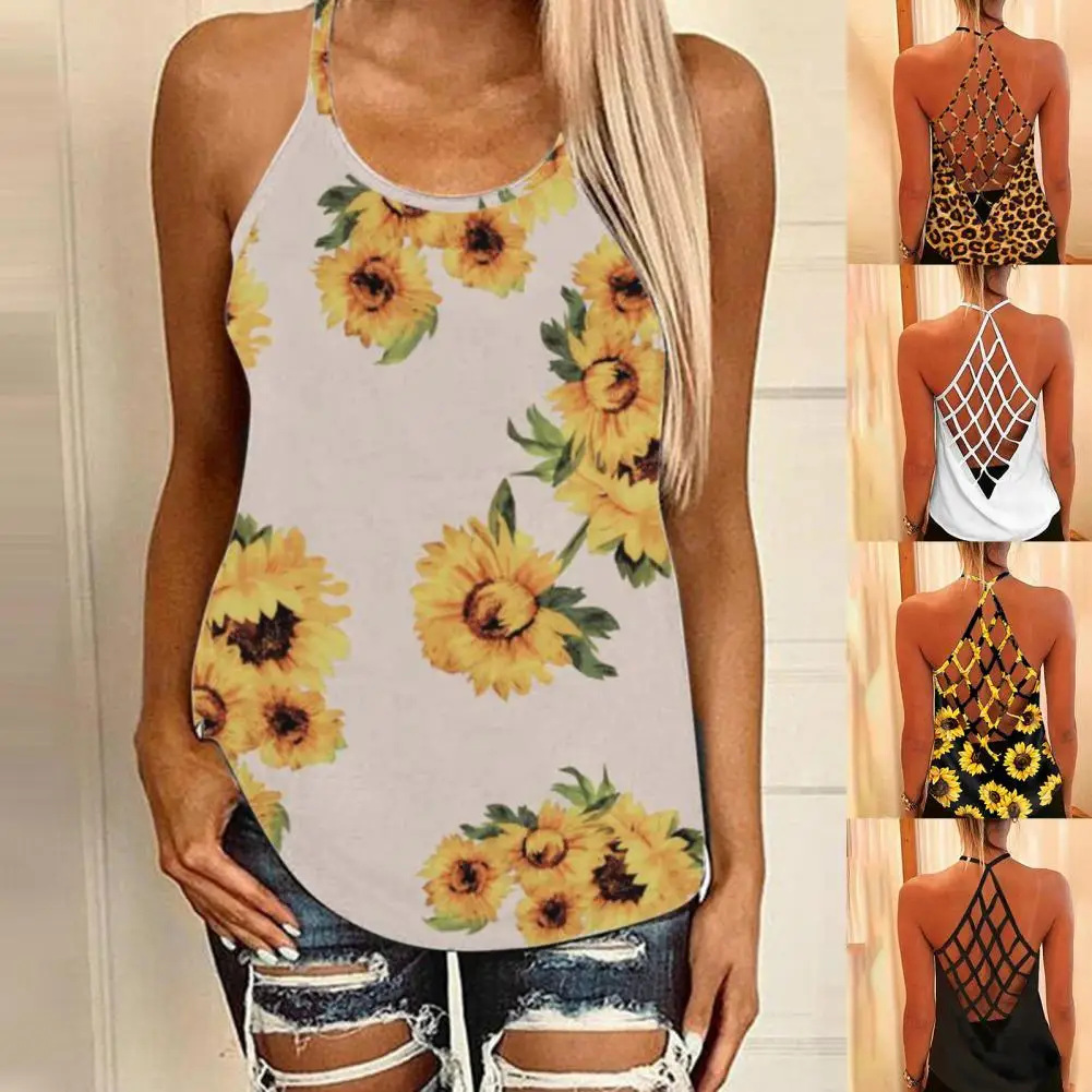 

Hot Sales!!Sexy Women Camisole Sleeveless Back Hollow Out Solid Color Sunflower Leopard Blouse Vest for Summer