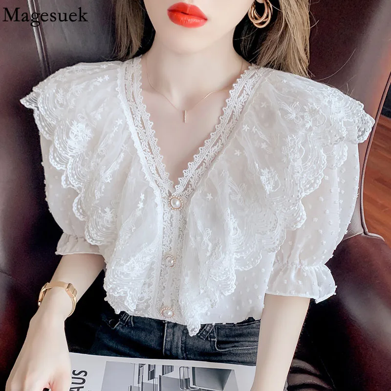Милая кружевная блузка с V-образным вырезом женская шифоновая рубашка коротким