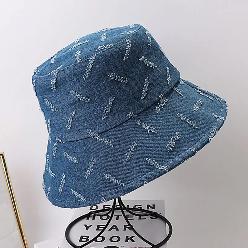 

Women Vintage Denim Bucket Hat Distressed Scar Stripes Sunscreen Fisherman Cap