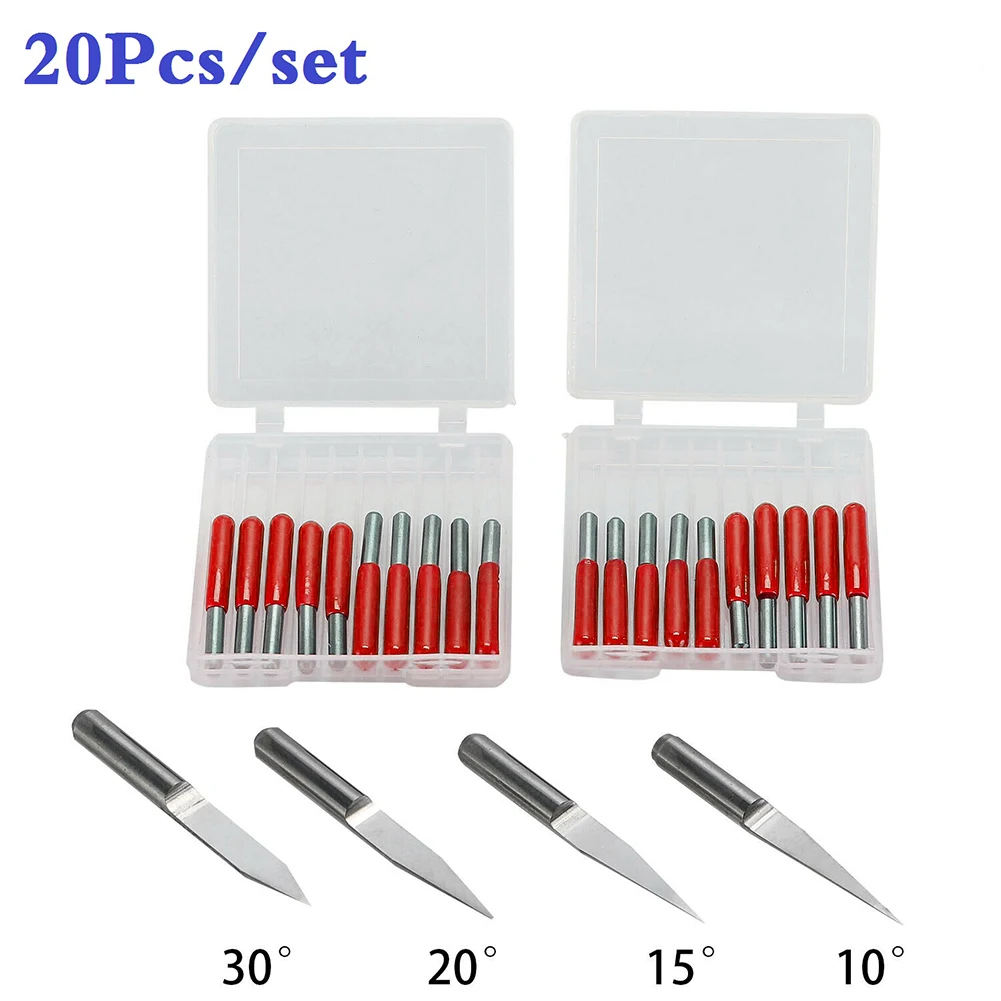 

20Pcs Engraving Bit Set High Hardness Alloy Engraving End Mill Bit End Mill Engraving Bit 3.175mm Shank 10/15/20/30° 0.1mm