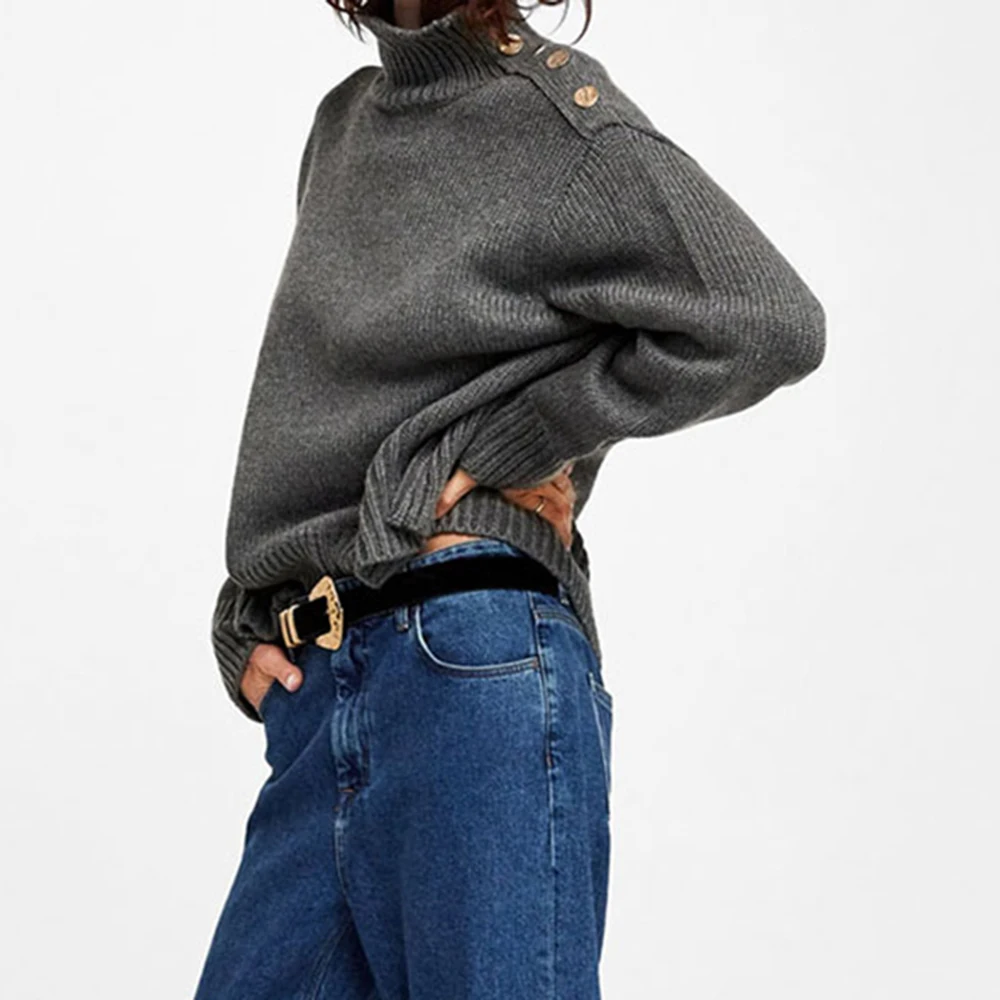ZA Women's Turtleneck Sweater Five Colors Optional Thick Warm Side Button Decoration Loose Version Regular | Женская одежда