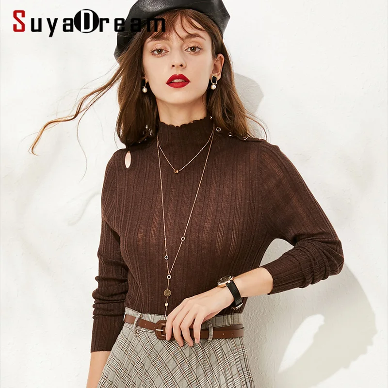 SuyaDream 100% шерсть облегающие водолазка ребро пуловеры модные выдалбливают свитера