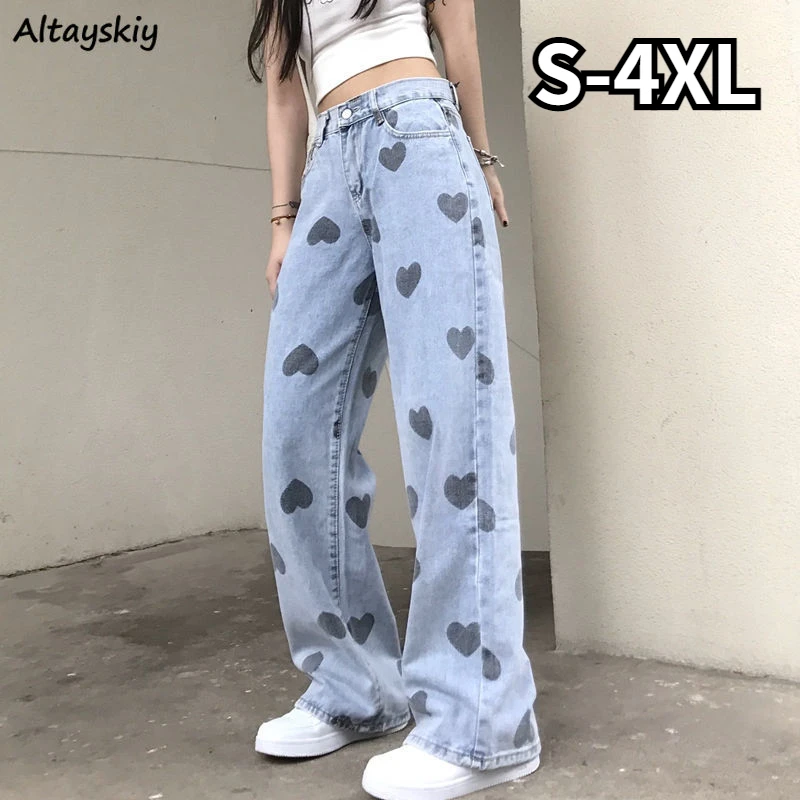 

Plus Size Jeans Women Printing Love Cool Girls Design Casual All-match Pockets High Waist Straight Fashion Ulzzang Chic Trouser