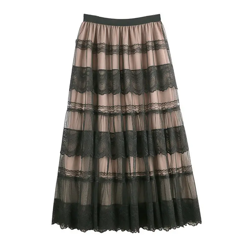

Women 2021 New Autumn Winter Sweet Long Lace Stitching Tulle Skirts Female Stretch High Waist Pleated Large Hem Cake Skirts X05