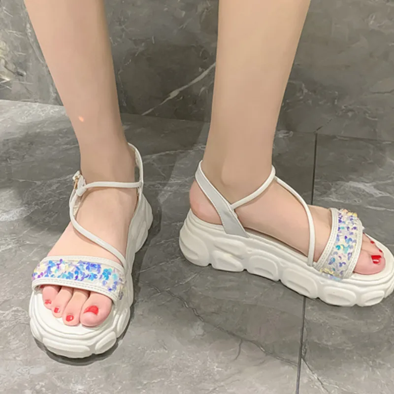 

Fanyuan Sandals Sequins PU Leather Flock Fashion Ladies Pumps Platform Buckle Sandals Wedge Heel Summer Women Shoes Size 34-43