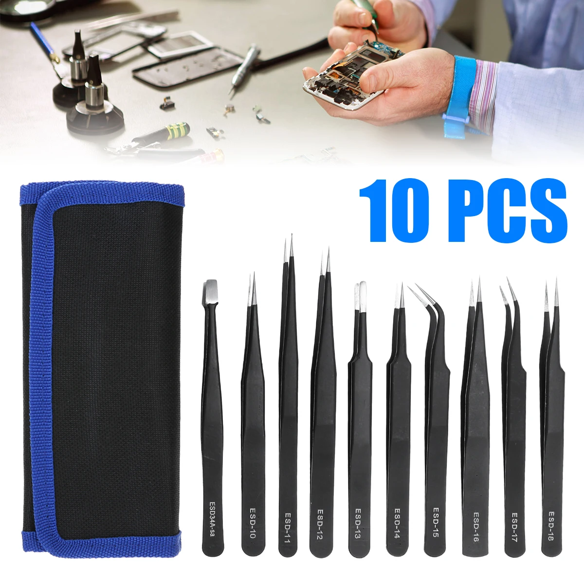 

10PCS Professional Coated Precision ESD Non-Magnetic Stainless Steel Tweezers Set For SMD Chip Electronic Repairing
