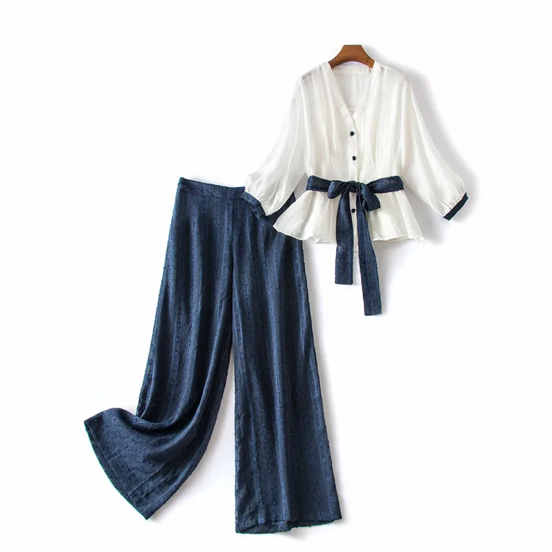 

Women 2020 Summer Chiffon Sets Female Elegant Office Sets Short Sleeve V-Neck Blouse Tops Wide Leg Pants 2 Piece Casual Suit B24