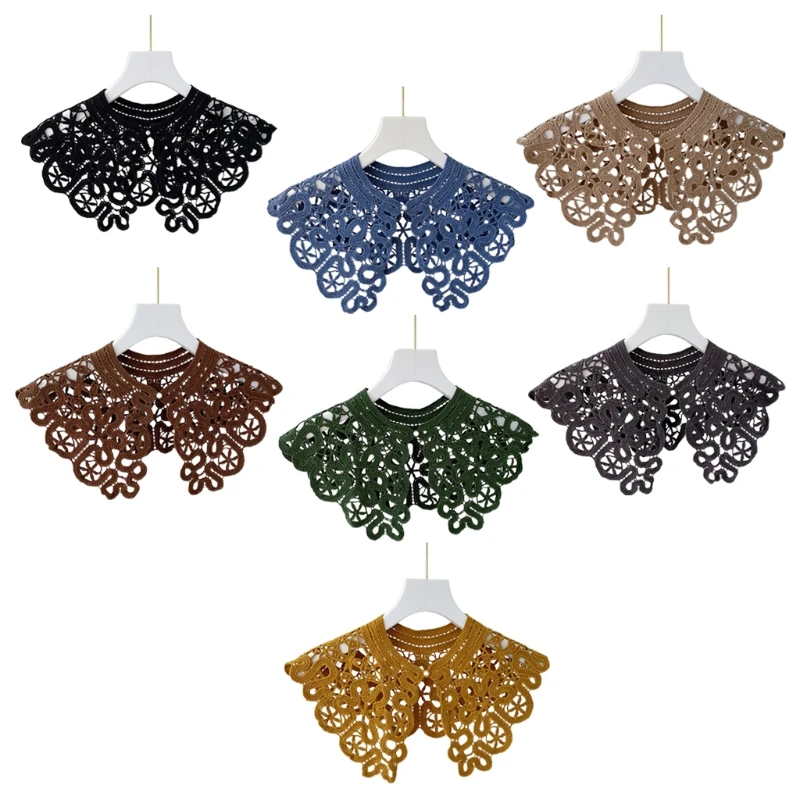 

Korean Hollow Out Knit Fake Collar Shawl Faux Pearl Button Scarf Necklace Solid Color Floral Lace Lapel Blouse Mini Cape