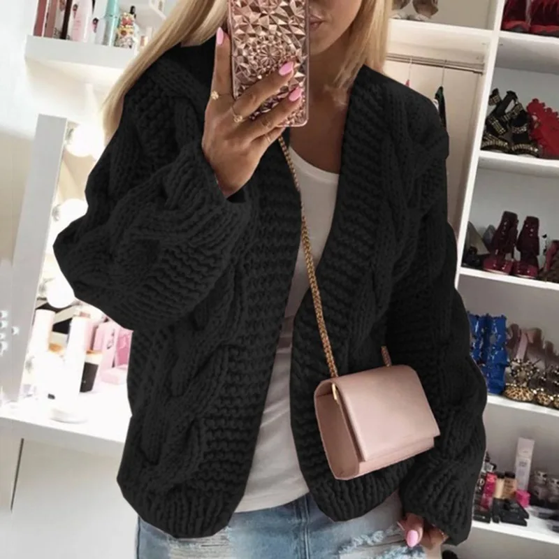 

Hot Women V-Neck Cardigan For Womens Autumn Female Loose Casual Black Long Sleeve Knitted Sweater Cardigans Woman White Sweaters