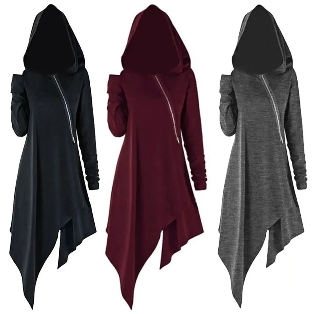 Женские куртки с капюшоном однотонные пальто длинным рукавом и неровным подолом