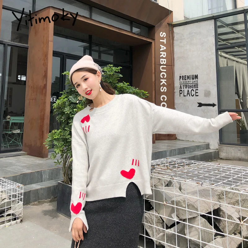 Женские Свитера s 2019 зима сердце вышивка длинный рукав топ с прорезями осенние