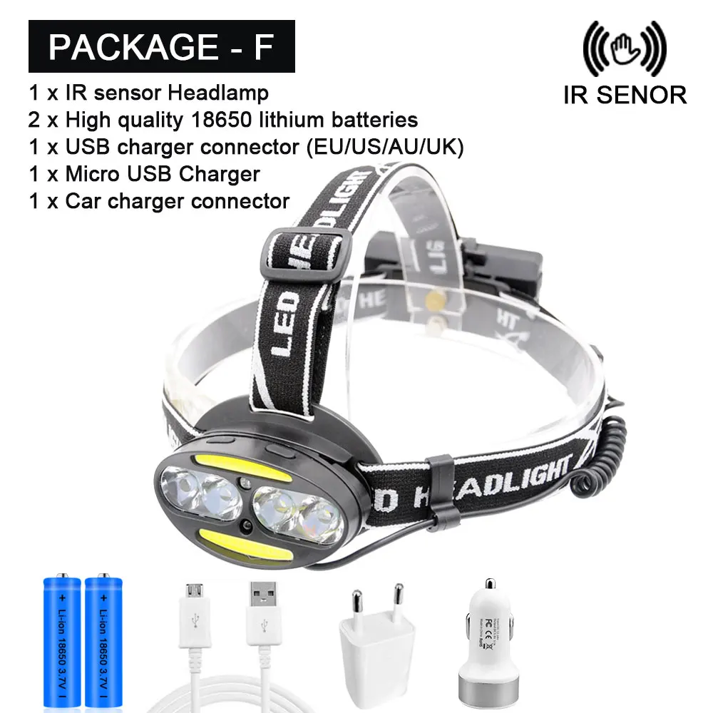 Package F Налобный фонарь супер яркий супер люмен фара 4* T6+ 2* COB+ 2* красный светодиодный налобный фонарь Lanterna с зарядным устройством - Испускаемый цвет: Package F