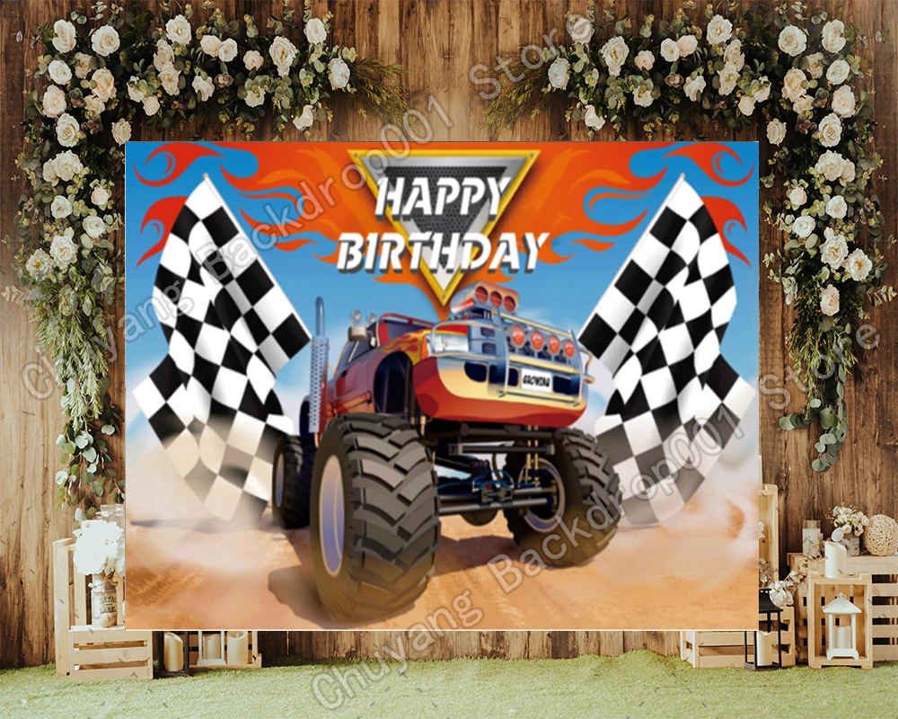 

Monster Truck Big Wheels Race Car Hot Sale Sports Photo Background Baby Birthday Party Backdrop Photophone Vinyl Photocall Decor