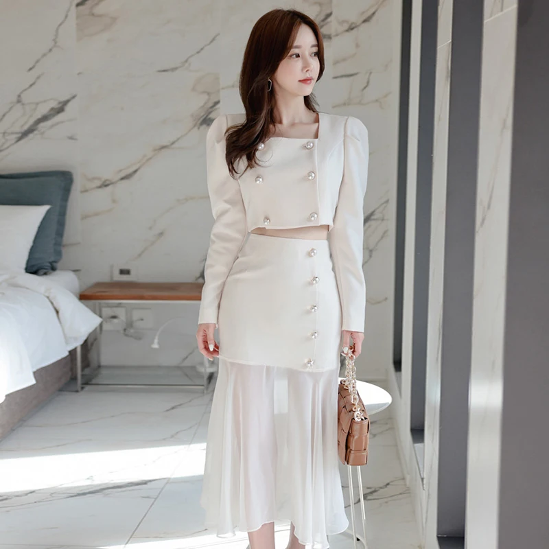 

New arrival women temperament double breasted shirt comfortable perspective trumpet skirt fashion high quality elegant women set