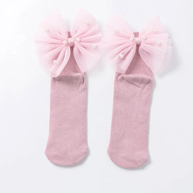 Pink Новые носки для маленьких девочек с бантиками; хлопковые носки для малышей; носки принцессы с бисером для маленьких девочек; милые детские носки - Цвет: Pink
