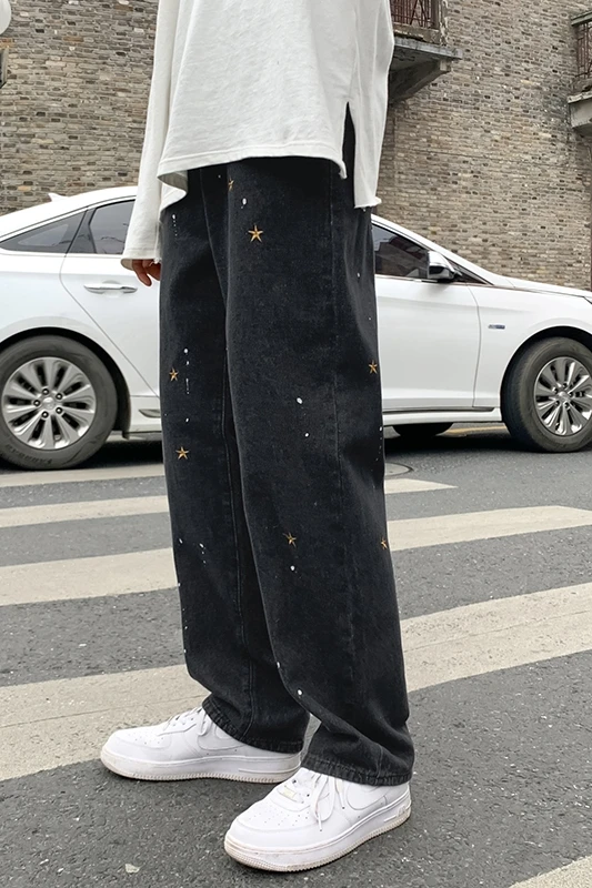 

Star embroidery black jeans men's fashion brand straight tube loose hiphop fried Street pants over size wide leg pants 2021 New