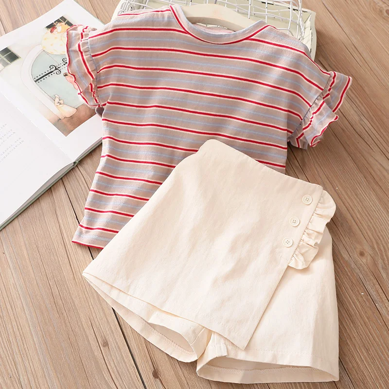 

2021 Summer Fashion 2 3 4 5 6 7 8 9 10 Years Cotton Fly Short Sleeve Striped T-Shirt+Shorts 2 Pieces Sets For Kids Baby Girls