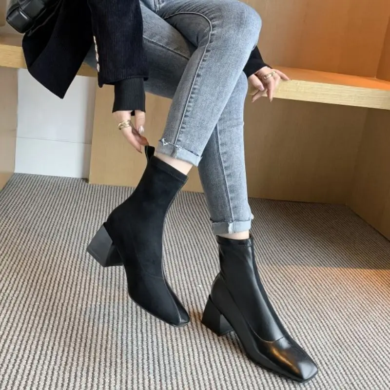 

KemeKiss Women Shoes Real Leather Ankle Boots Square Toe Thick Heel Slip On Sock Boots Ladies Footwear Party Boots Size 34-40
