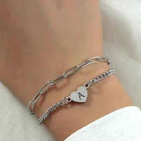 two layer a c letter jewelry personalize initial bracelets women and men fashion silver color stainless steel alphabet bracelet