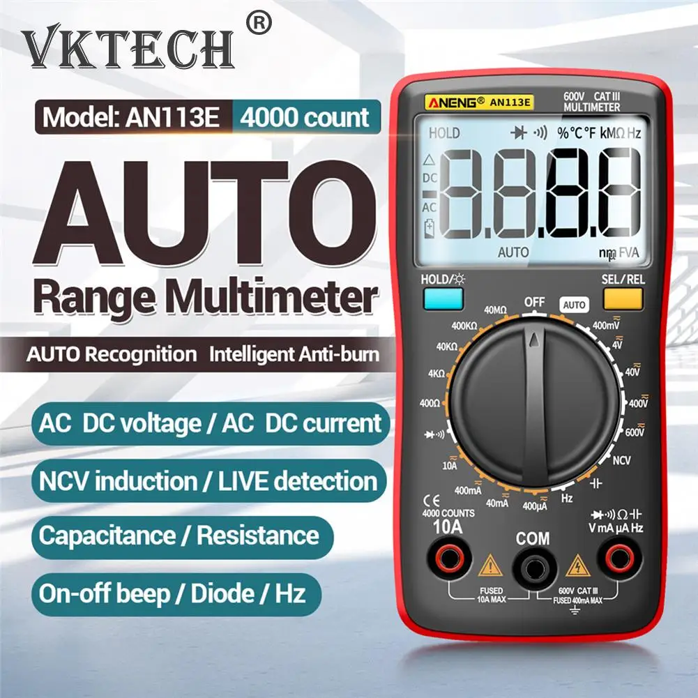 

ANENG AN113E 4000 Counts Digital Multimeter AC DC Volt Voltmeter Ammeter Ohm Voltage Current Resistance Frequency Meter