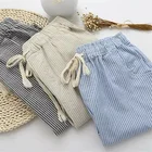 Брюки женские хлопково-льняные повседневные, Модные свободные длинные штаны, прямые Полосатые брюки с эластичным поясом, 2021