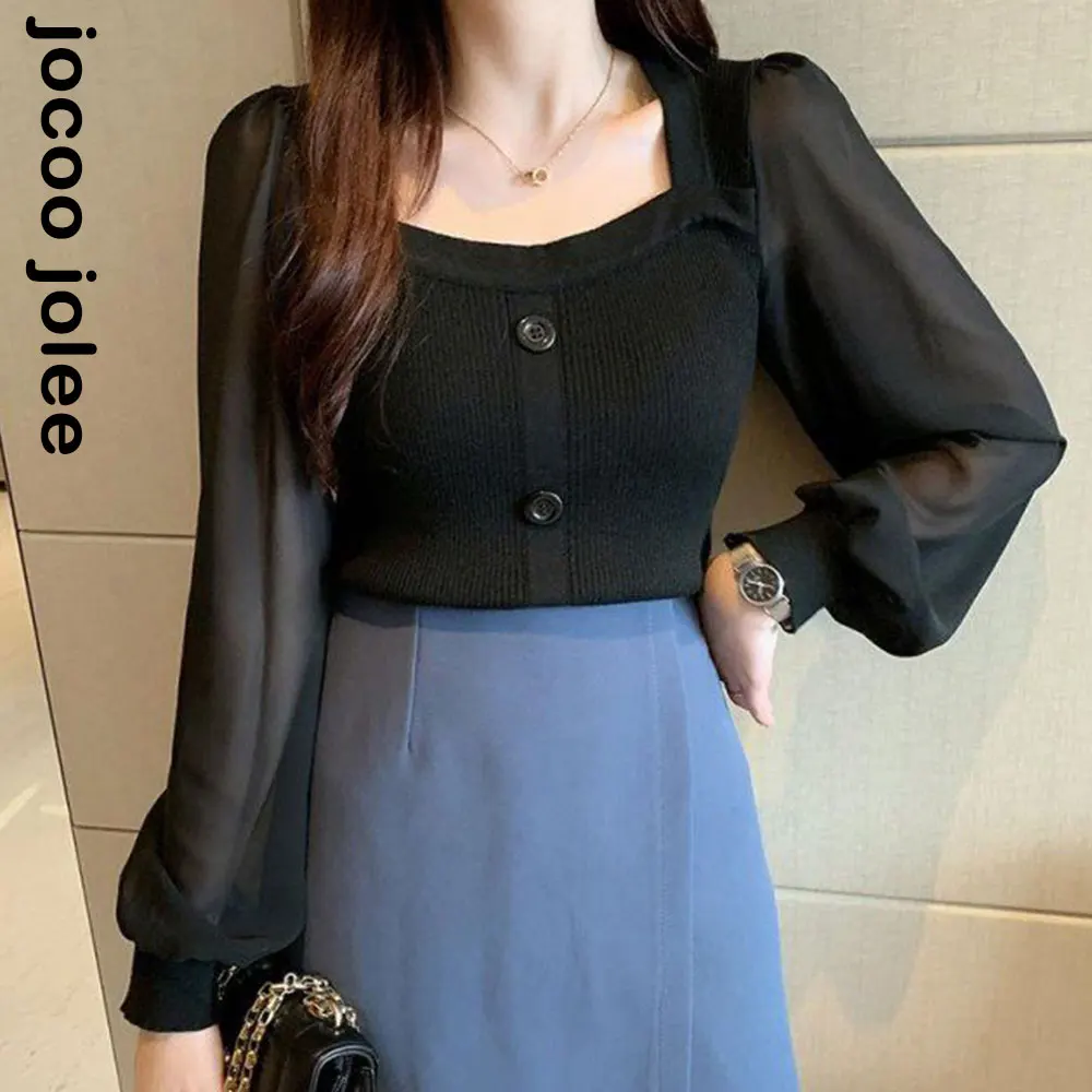 

Элегантный винтажный вязаный женский пуловер, шифоновый Однотонный свитер с длинным рукавом и квадратным воротником, шикарная трикотажная...