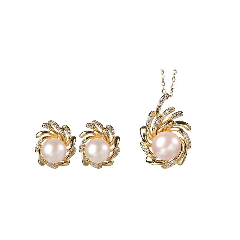 

S925 sterling silver gold plated natural freshwater pearl ear studs personality windmill ladies' pendant earring set