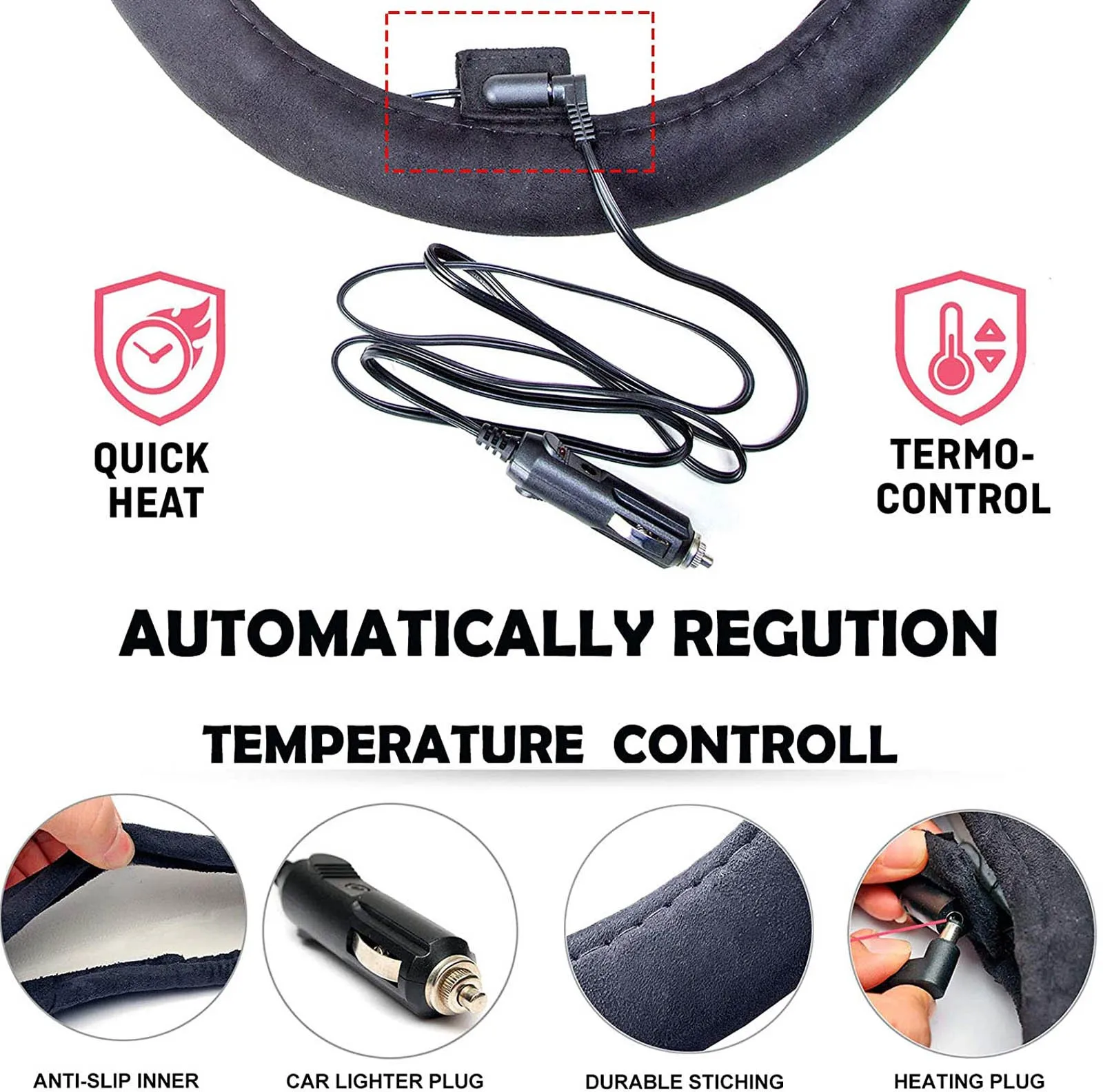 

Heated Steering Wheel Cover Winter Hands Warmer 12V Heated Auto Steering Wheel