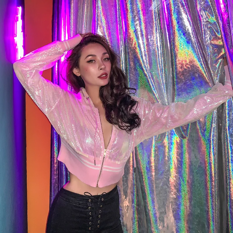 2019 осень флэш Розовые Блестки Короткие худи хип хоп высокое уличное свободное с