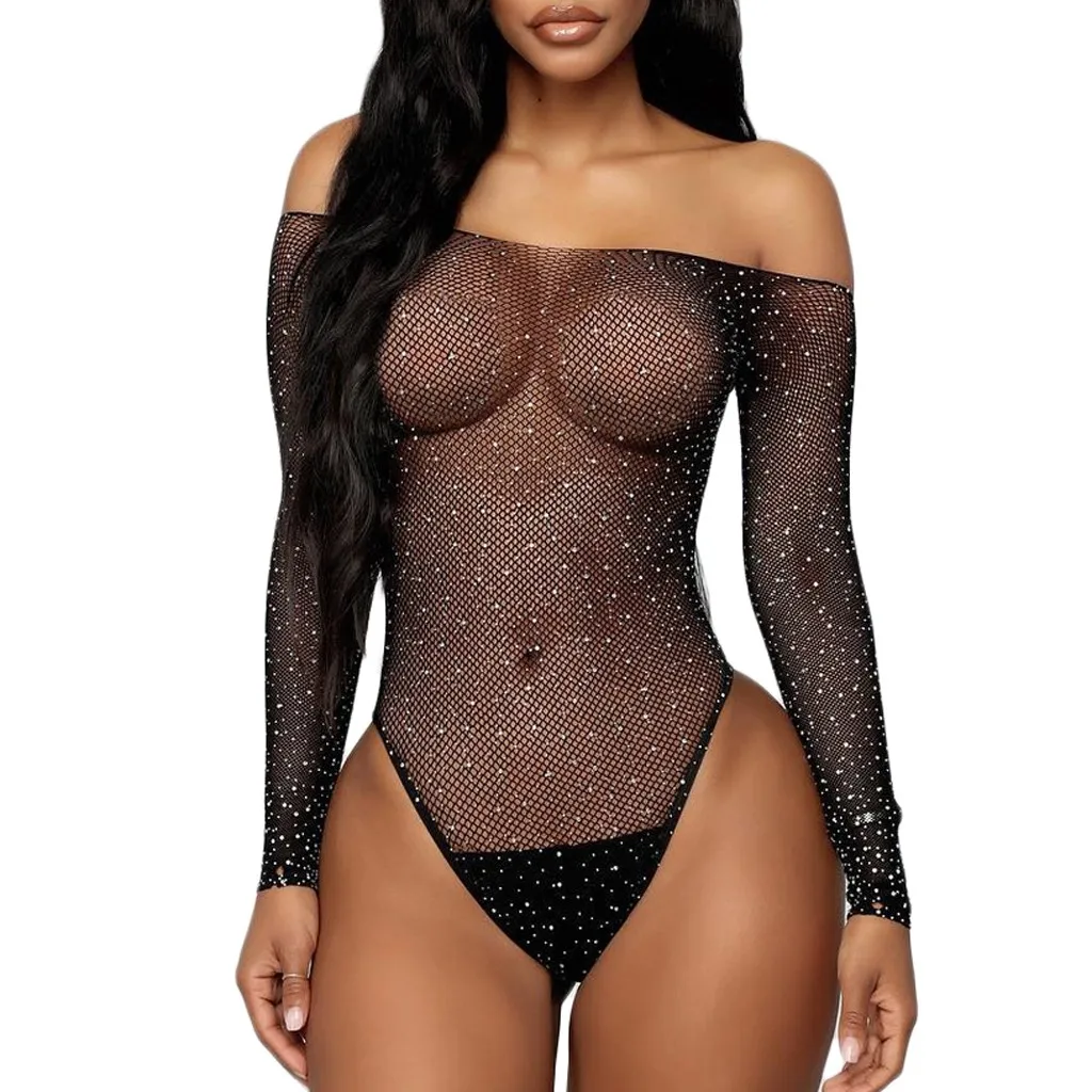 Women Black Lace Fishnet Erotic Clothes Fetish Bodysuit For Sex Rhinestone Lingerie Off- Shouder Jumpsuit | Тематическая одежда и