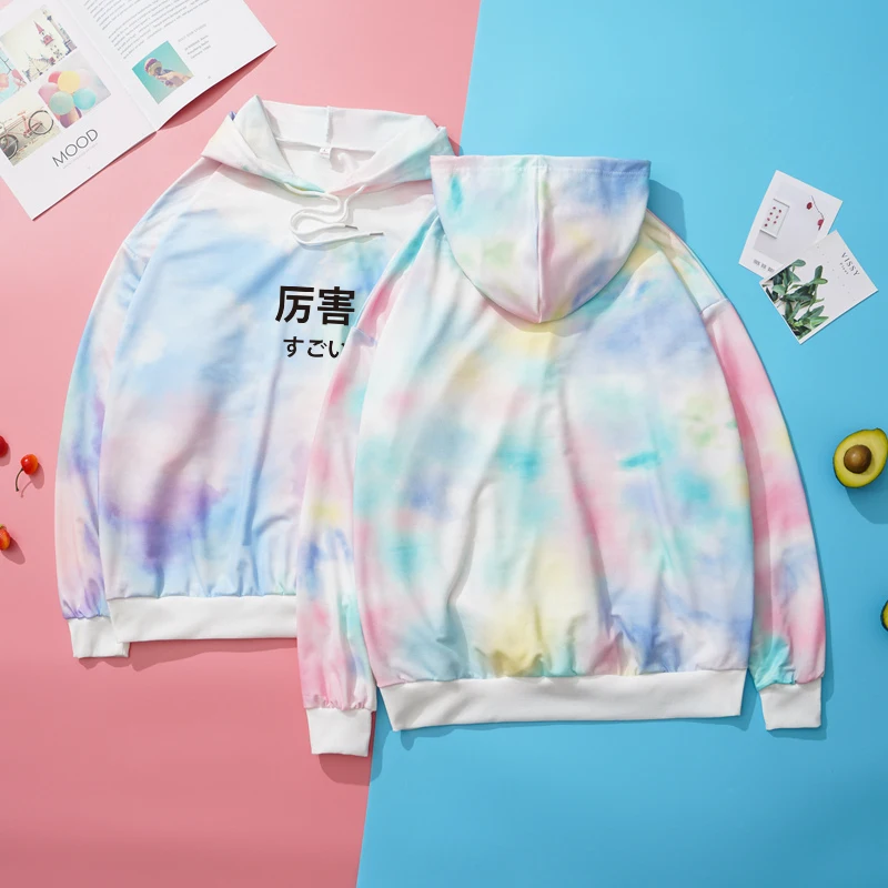 

Tie Dyed Fashion Hoodie Autumn Spring New Harajuku Funny Characters Print Sweatshirt Women Loose Casual Tops Streetwear Clothing