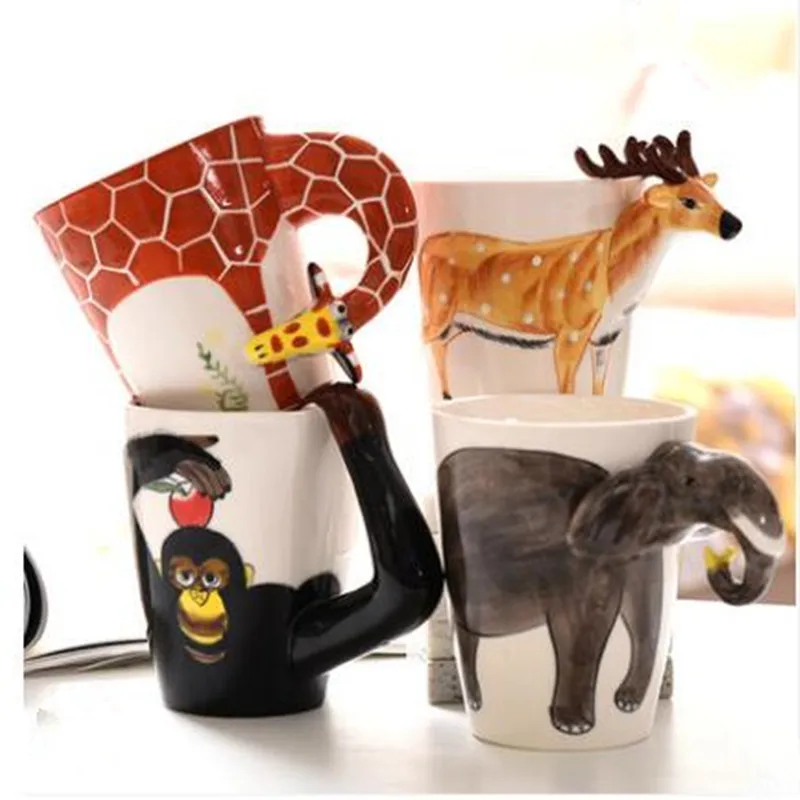 Creative 3D three-dimensional Hand-painted Ceramic Mug Animals Coffee Mugs New arrival Cartoon Giraffe Monkey Elephant | Дом и сад