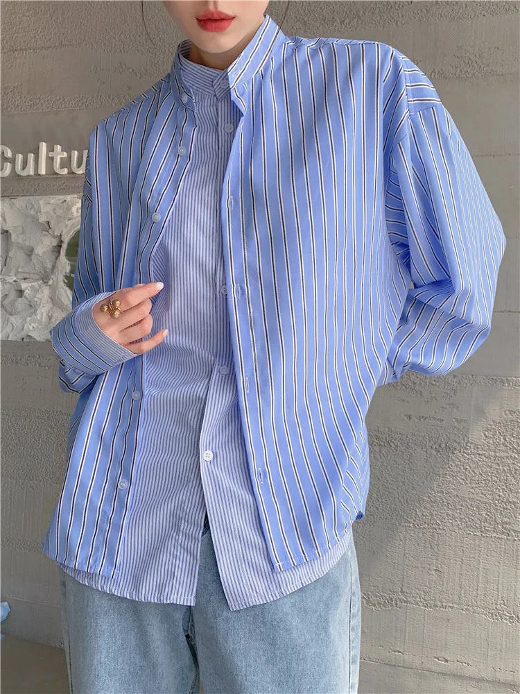 

LANMREM Women's Striped Blue Big Size Blouse Stand Collar Long Sleeve Loose Fitted Shirt Fashion 2021 Spring Summer 2E1235