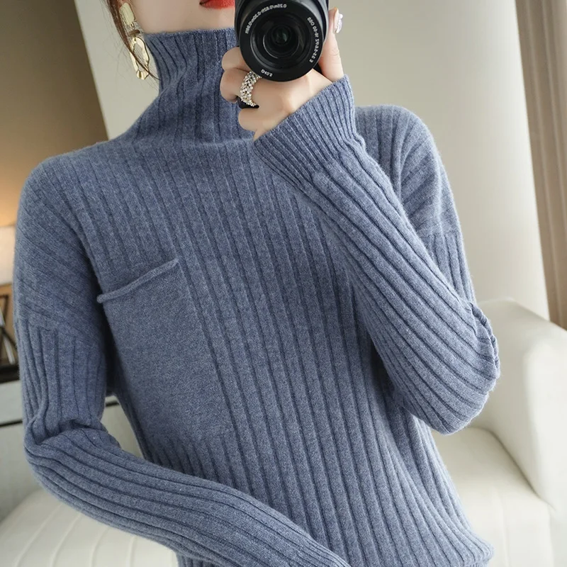 

Шерстяной свитер Lafarvie 100%, женские топы, Женский пуловер на осень и зиму, вязаная одежда с карманами, водолазка 2021 с длинным рукавом, оверсайз