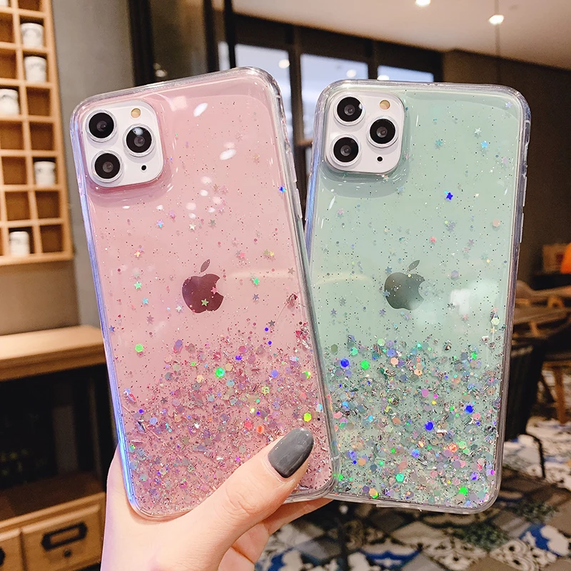 Чехлы для iPhone 11 Pro SE 2020 Мягкий силиконовый чехол с прозрачными блестками 7 6 6S 8 Plus XR