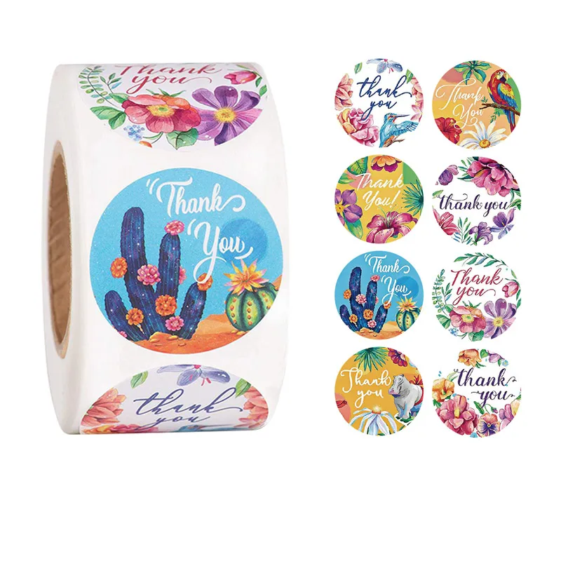 

500 Pcs Round Cartoon Thank You Stickers Cute Flower Cactus Sticker For Handmade Gift Decor Labels Kids Reward Stickers
