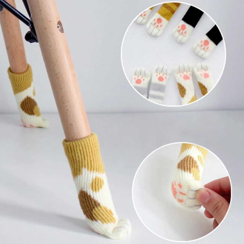 

4Pcs Creative Cat Feet Chair Leg Socks Anti-Slip Knitted Thick Tables Foot Cover For Door Handles Floor Protection Home Decor
