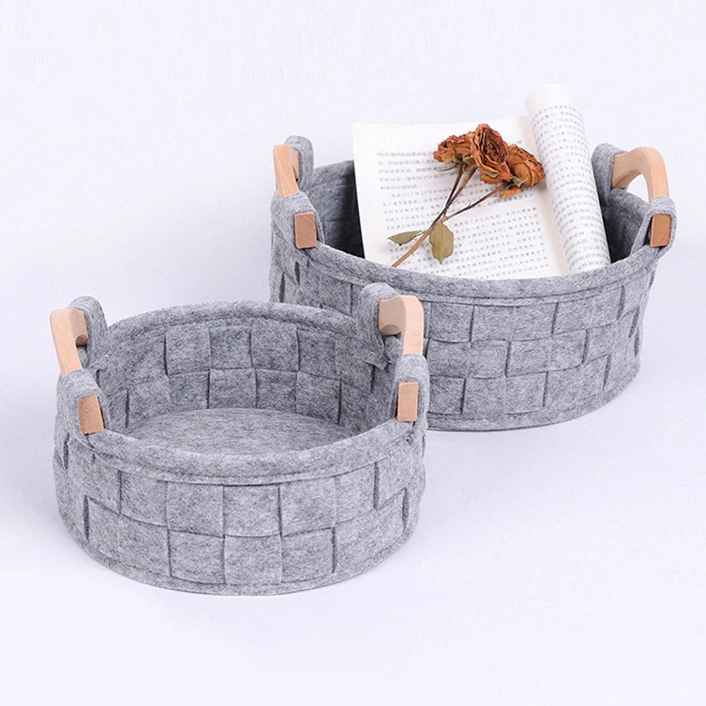 

3pcs/set Felt Storage Basket Fashion With Handles Round Bathroom Desktop Organizer Closet Multifunctional Woven Bedroom Office