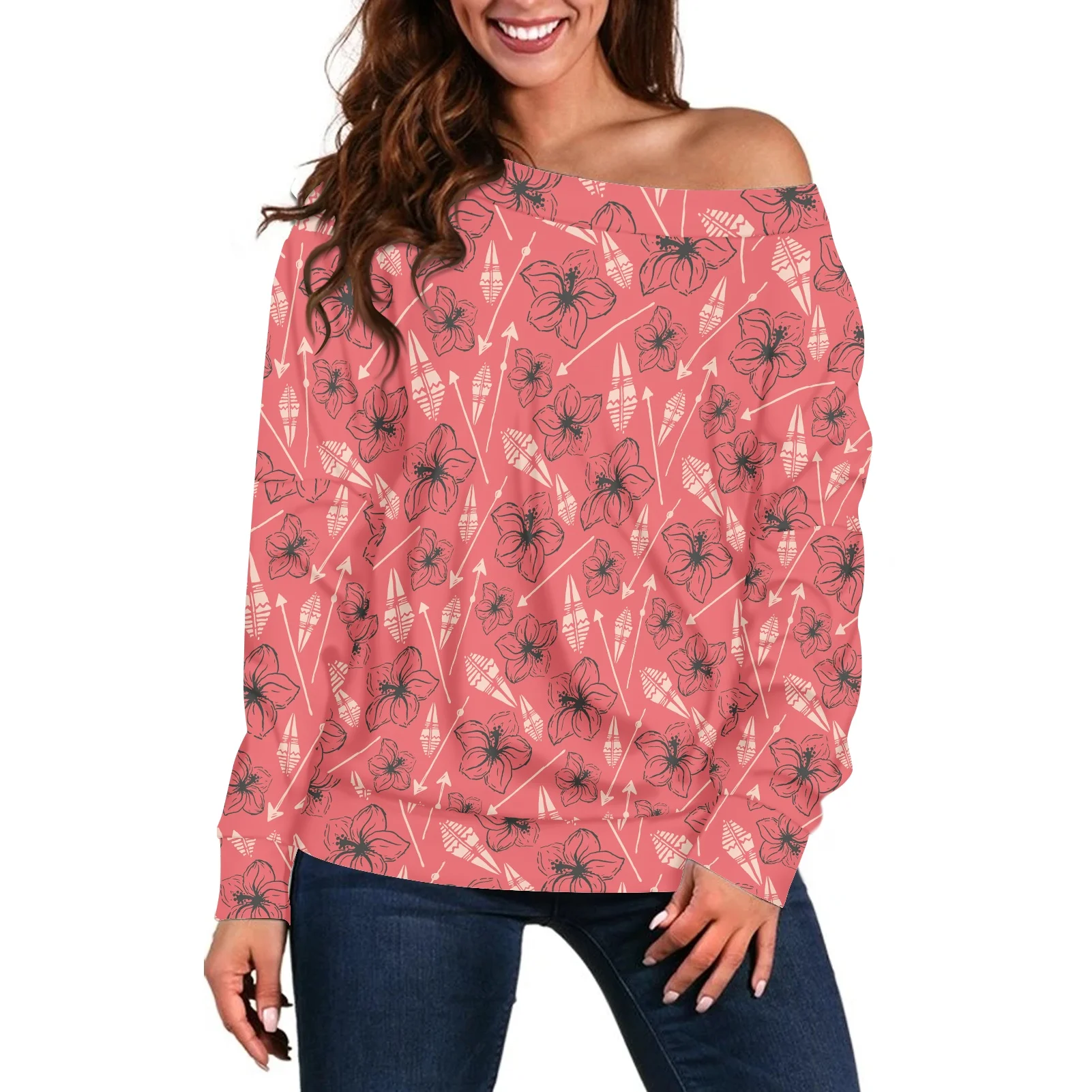 

Women Polynesian Tribal Feather Print Off Shoulder Tops Casual Loose Sweatshirt Long Sleeve Pullovers Large Size Female Clothing