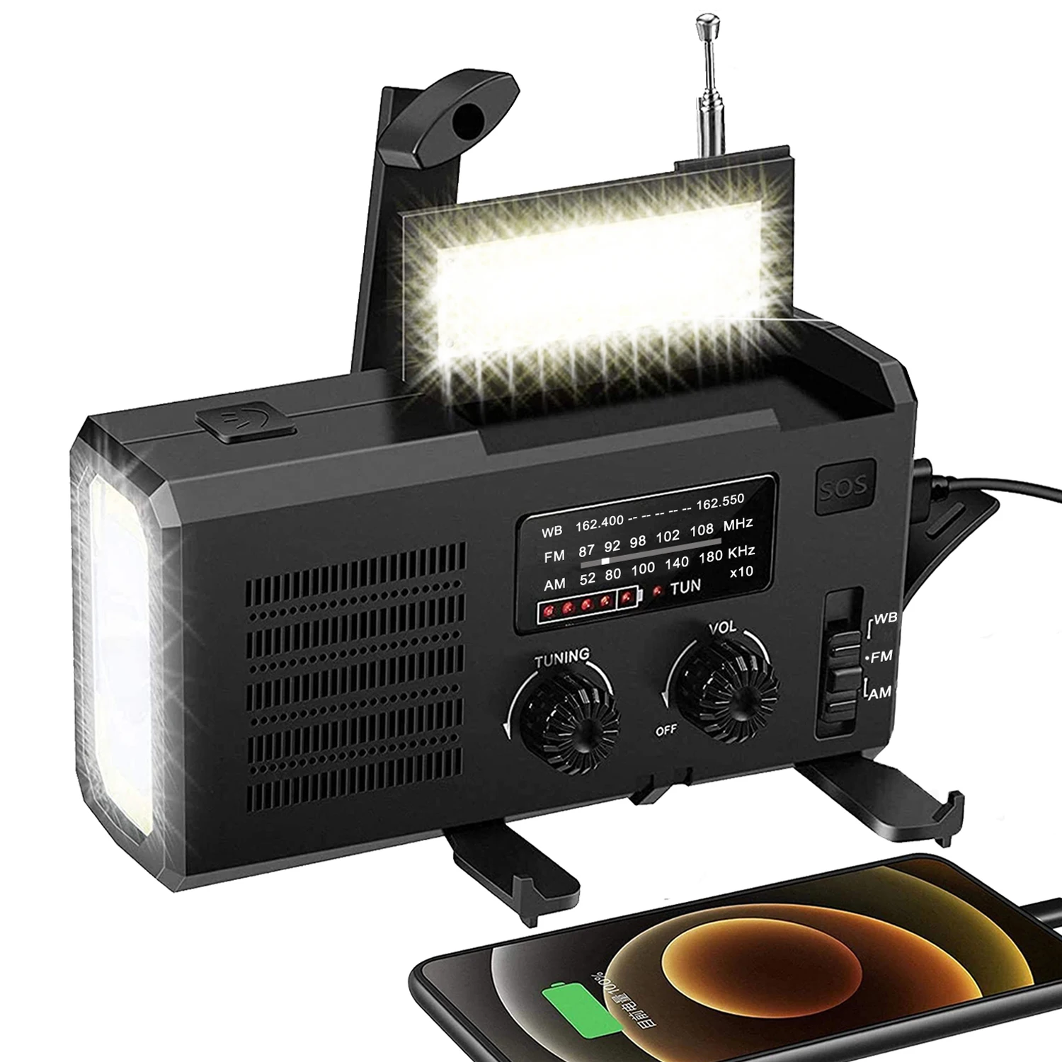 Lanterna de Cabeça Gerador de Emergência com Manivela Recarregável Bateria Solar Manual Rádio am – fm 4000mah