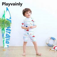 wholesale 2021 baby boys swimming wear white caroon one piece swimsuits with hat children fashion swimwear e71435