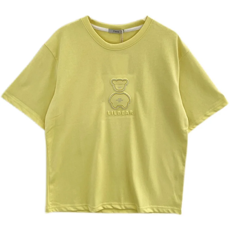 

Three-Dimensional Diamond-Inlaid Bear Korean 21 Summer New Loose Fresh Cotton Short-Sleeved T-shirt for Women Woman Tshirts