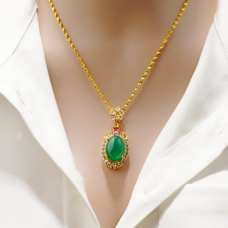 

24K gold color women wedding necklaces jewelry Aesthetic green large rhinestone zircon inlaid oval pendant choker vintage collar