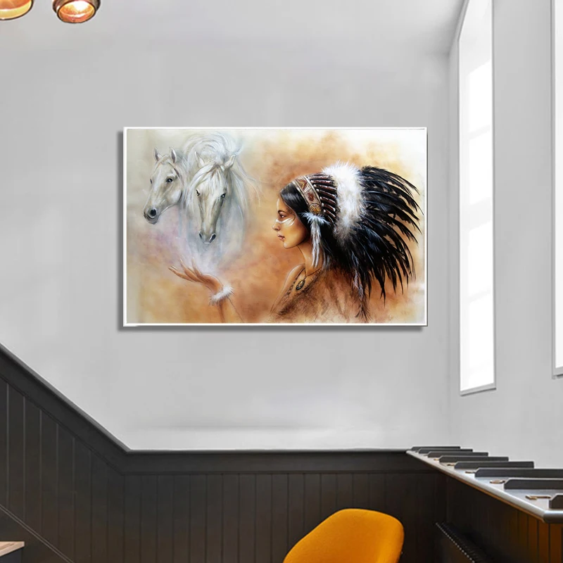 Американский родной индейский Женский портрет с белой лошадью на холсте