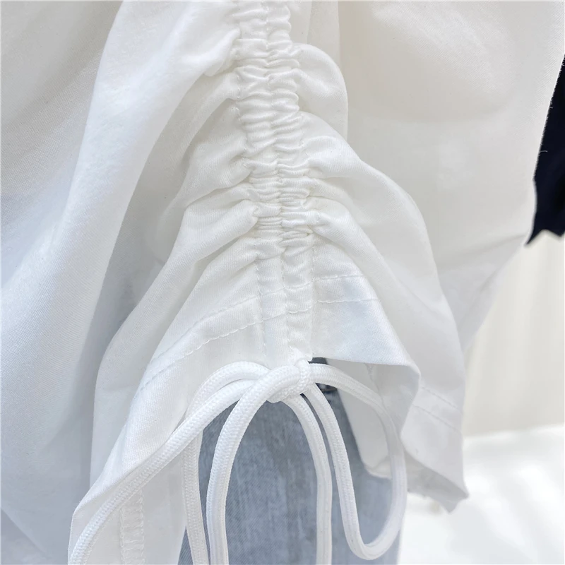 

2021 Summer New Irregular Drawstring Short Sleeve Ladies T-shirt Women Fashion Solid Color Tops Round Neck Pullover Casual Tees